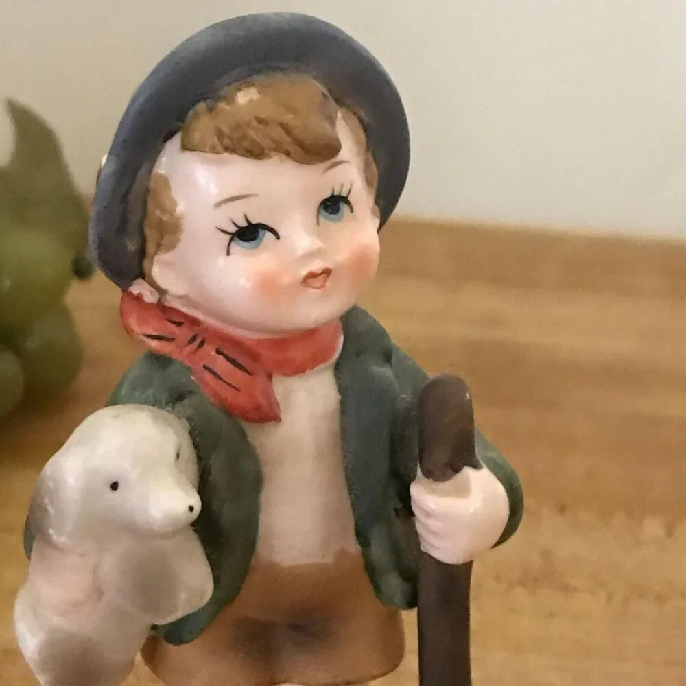 #1090 Flambro Porcelain Vintage boy with dog figurine